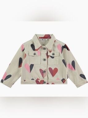 NWT Girls’ Beige Denim Jacket with Pink & Navy Heart Print Sz. 110 (5)